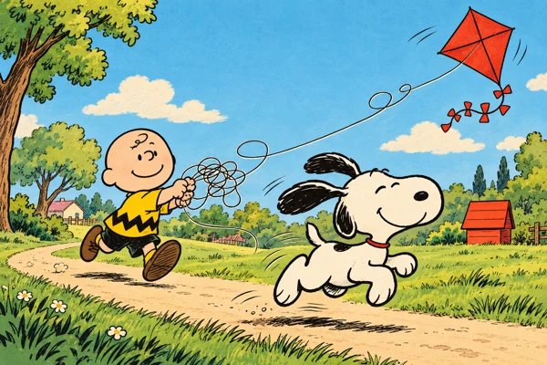 Snoopy en Charlie Brown rennen in het park achter een rode vlieger aan.